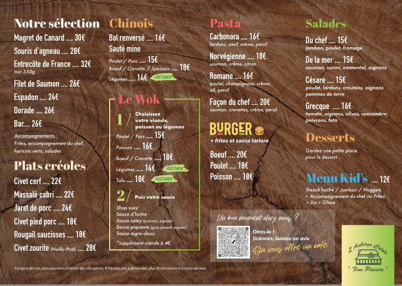 La carte du restaurant - Plateau